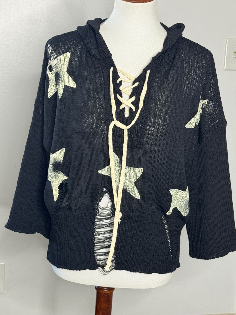 POL Black Hooded Star Knit Pullover with Cream Drawcord